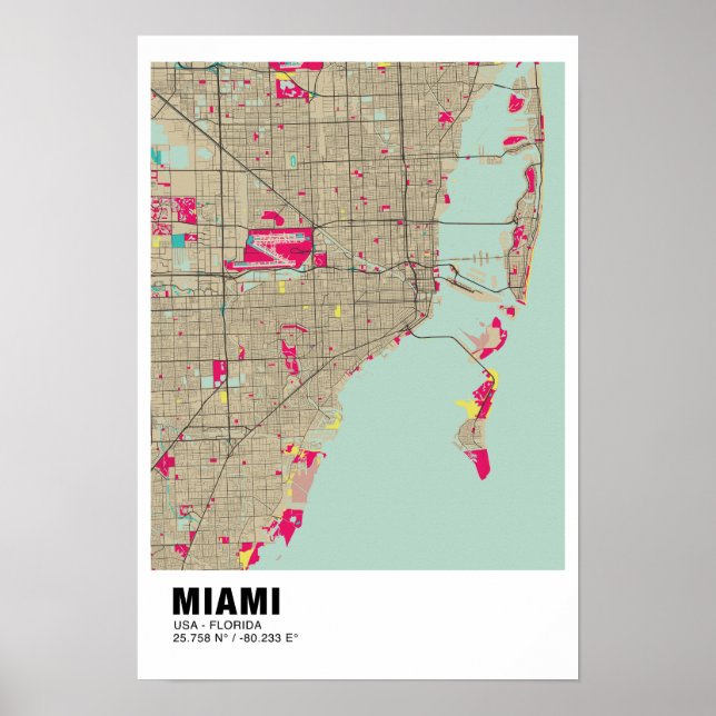 Miami  Map Poster - Miami Colorful Map  (Front)