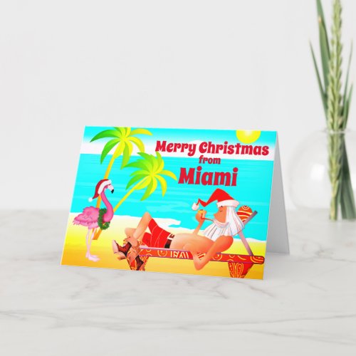 Miami Merry Christmas Santa and Flamingo Beach Holiday Card