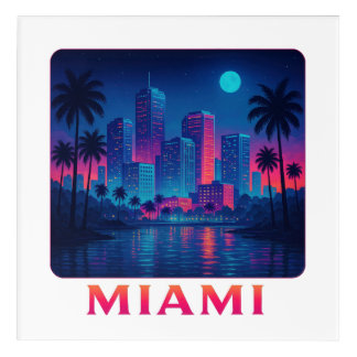 Miami Moonrise - Neon Skyline Acrylic Print