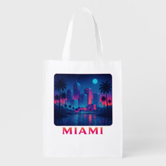 Miami Moonrise - Neon Skyline Grocery Bag