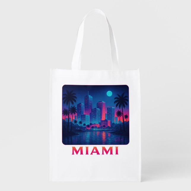 Miami Moonrise - Neon Skyline Grocery Bag (Front)