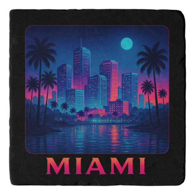 Miami Moonrise - Neon Skyline Trivet (Front)