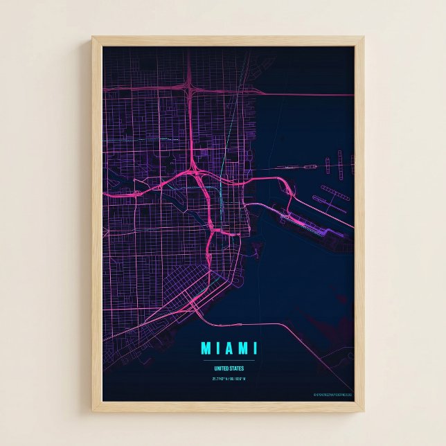 Miami Neon Print Florida City Map Wallart Poster  (Creator Uploaded)
