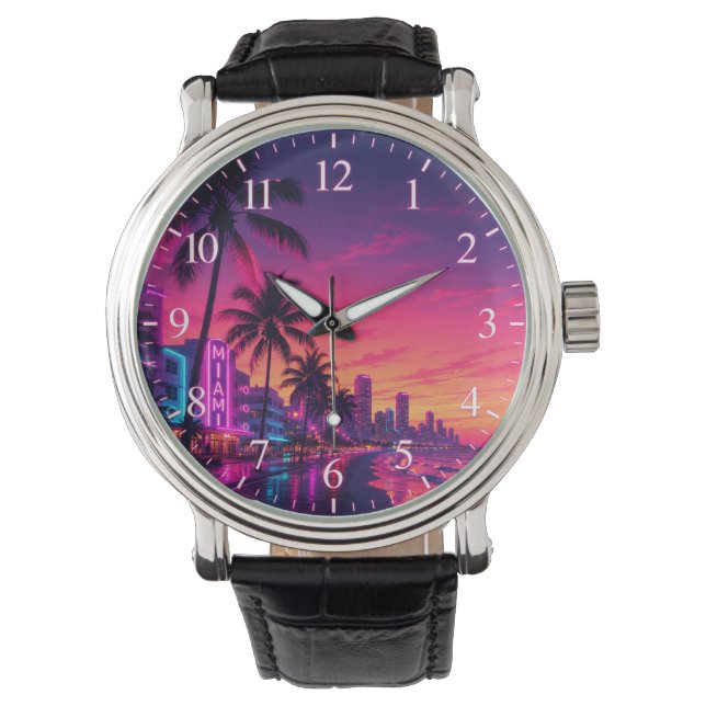 Miami Neon Sunset Clock Face Watch (Front)