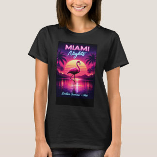 Miami Nights Flamingo Retro Neon Art Print T-Shirt