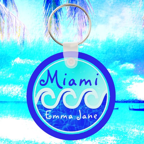 Miami Ocean Waves Blue Sky Your Name Keychain