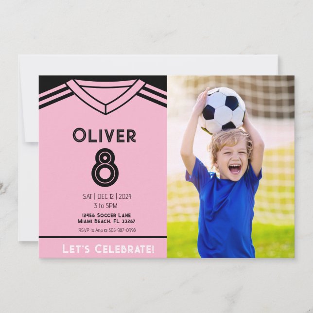 Miami Pink Soccer Photo Birthday Party Invitation (Front)