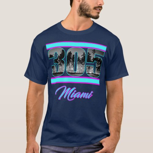 Miami Retro 305 South Beach View 80s Pink  Blue T_Shirt