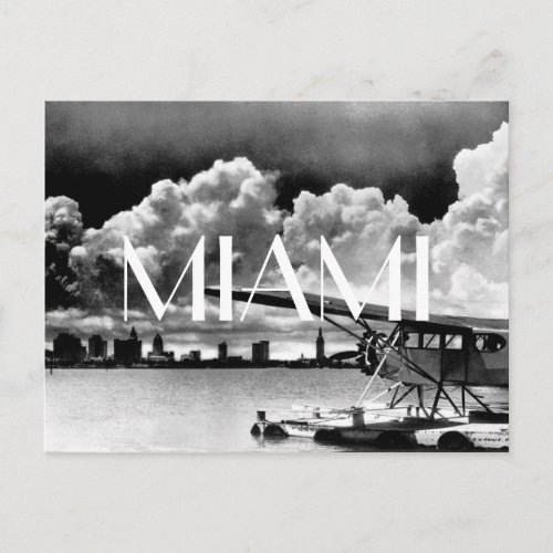 Miami skyline airplane black and white photo postcard
