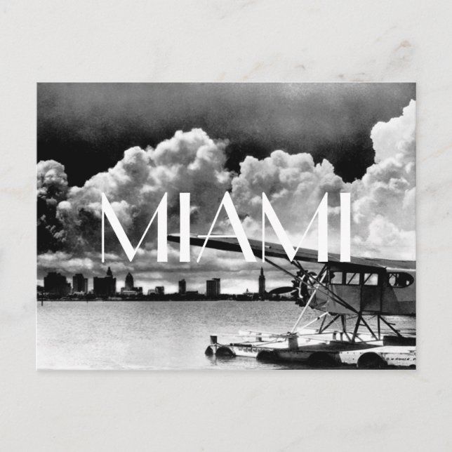 Miami skyline airplane black and white photo postcard (Front)