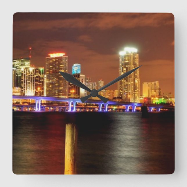 Miami skyline at night, Florida Square Wall Clock (Front)