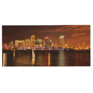 Miami skyline at night, Florida Wood USB Flash Drive