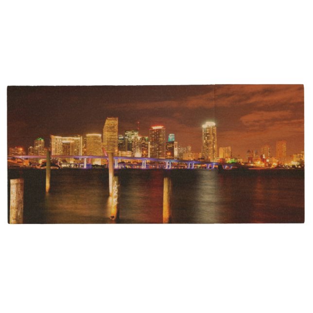 Miami skyline at night, Florida Wood USB Flash Drive (Front)