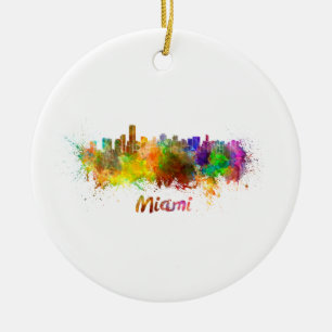 Miami skyline in watercolor ceramic ornament