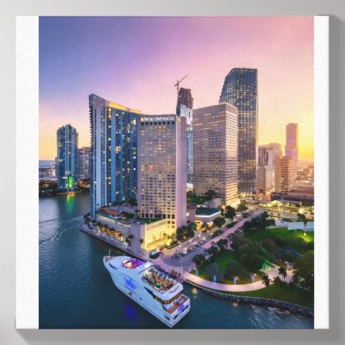 : Miami Skyline Sunset with InterContinental Hotel Canvas Photo Tile