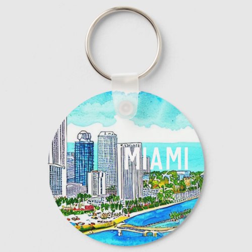 Miami Skyline Tropical Postcard Keychain