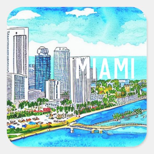 Miami Skyline Tropical Postcard   Square Sticker