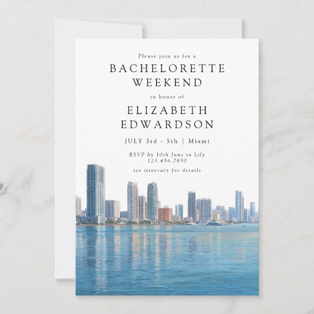 Miami Skyline Watercolor Bachelorette Weekend Invitation (Front)