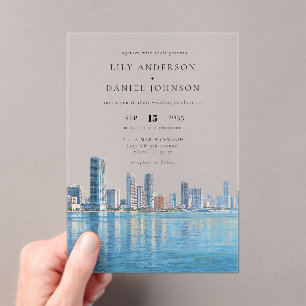 Miami Skyline Watercolor Destination Wedding Acrylic Invitations