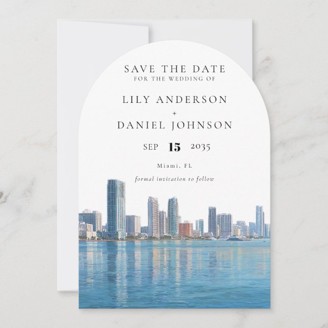 Miami Skyline Watercolor Photo Wedding Arch Save The Date (Front)