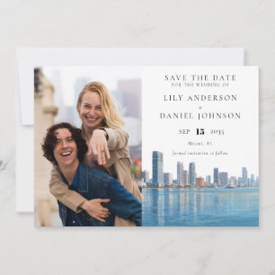 Miami Skyline Watercolor Photo Wedding Save The Date