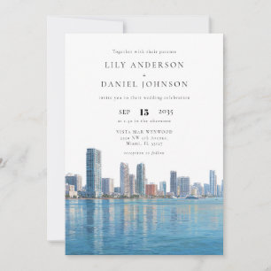 Miami Skyline Watercolor QR Code Wedding Invitation