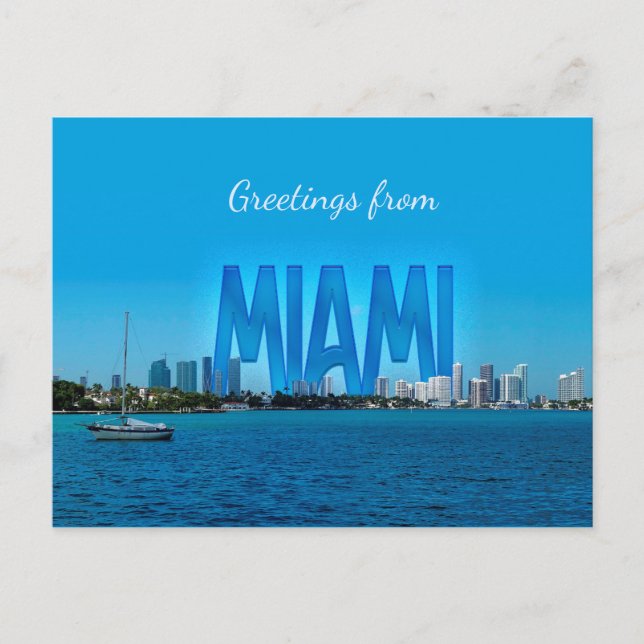Miami Skyline with customizable Greetings Postcard (Front)