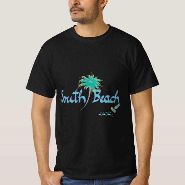 Miami, South Beach Florida Tropical Cool Black T-Shirt (Front)