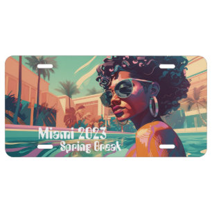 Miami Spring Break Black Woman in Pool Painting License Plate