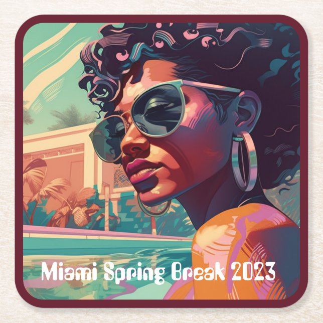 Miami Spring Break Black Woman in Pool Painting Square Paper Coaster (Front)