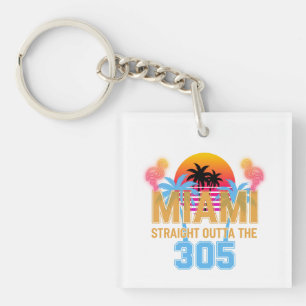 Miami Straight Outta The 305 Vintage Sunset Neon  Keychain