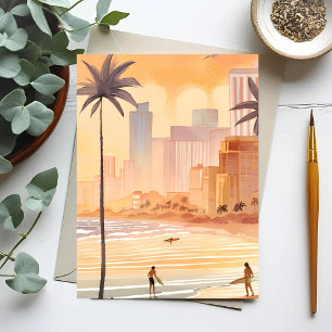 Miami Sunrise Yellow Watercolor Skyline Painting Postcard