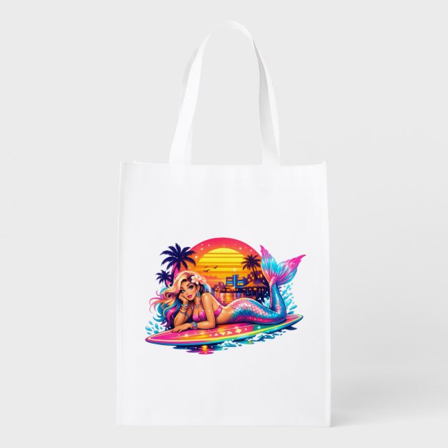 Miami Sunset Mermaid - Retro Tropical Surfboard  Grocery Bag (Back)