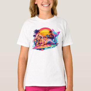 Miami Sunset Mermaid - Retro Tropical Surfboard T-Shirt