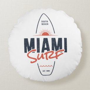 Miami Surf – Vintage Beach Sunset Surfboard Design Round Pillow