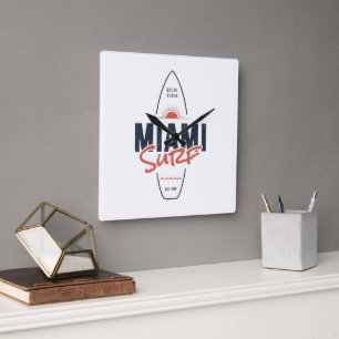 Miami Surf – Vintage Beach Sunset Surfboard Design Square Wall Clock