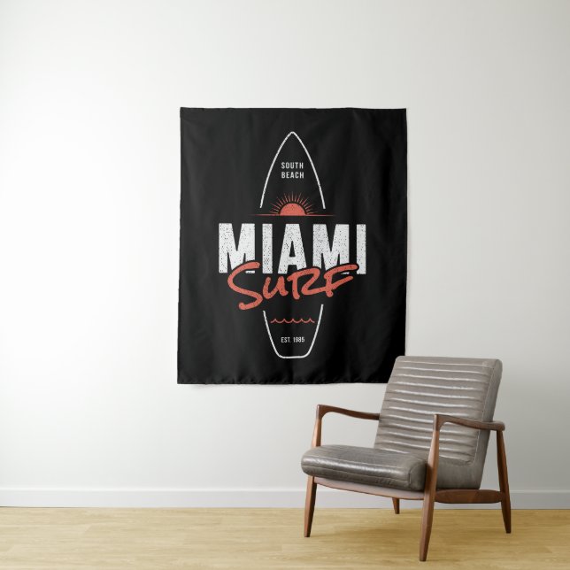 Miami Surf – Vintage Beach Sunset Surfboard Design Tapestry (In Situ)