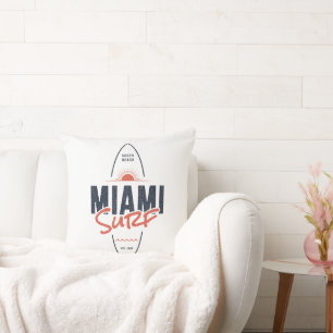Miami Surf – Vintage Beach Sunset Surfboard Design Throw Pillow