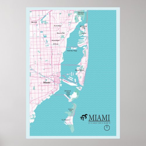 Miami themed city map poster