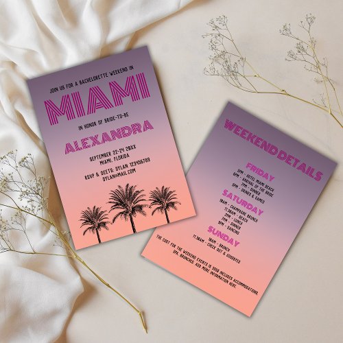 Miami Tropical Palms Sunset Bachelorette Weekend Invitation