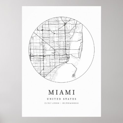 Miami United States Street Layout Map Poster