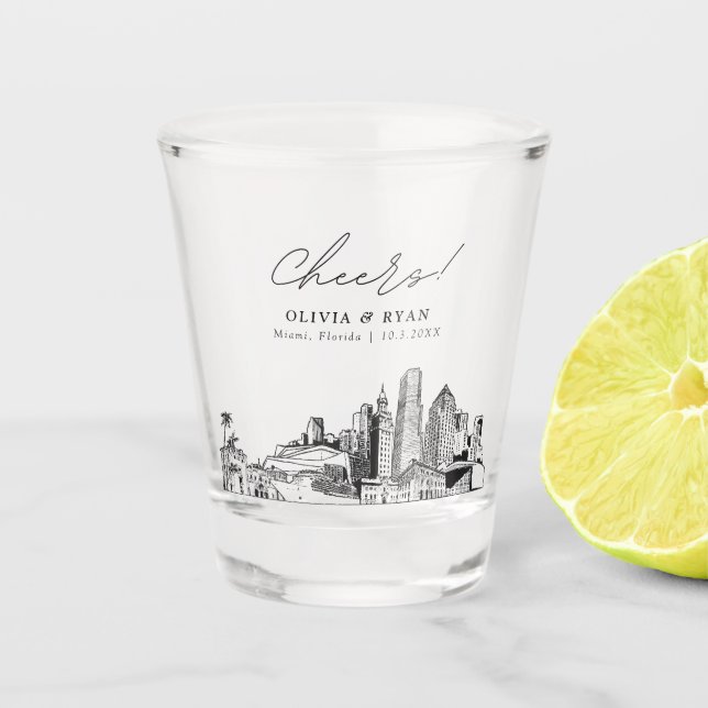 Miami Wedding Favor Personalized Cheers Shot Glass (Front)