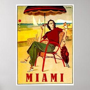 Miami, woman on the sand beach, vintage travel poster
