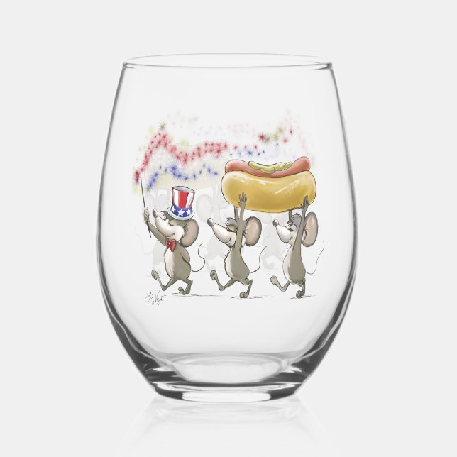 Mic, Mac & Moe's Happy 4th of July Stemless Wine Glass (Front)