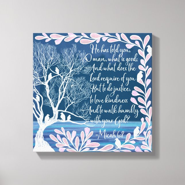 Micah 6:8 Teal Blue White Tree Birds Bible Verse Canvas Print (Front)
