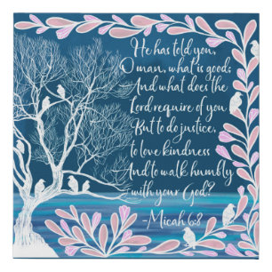 Micah 6:8 Teal Blue White Tree Birds Bible Verse Faux Canvas Print