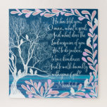 Micah 6:8 Teal Blue White Tree Birds Bible Verse Jigsaw Puzzle<br><div class="desc">This artsy and elegant design is perfect the way to express your belief and faith. It features a hand-painted cerulean blue, teal green, navy blue, pale pink, white, and pastel purple leaves, flowers, birds, and tree with a brush script typography quote of the Bible verse Micah 6:8. It's an artistic,...</div>
