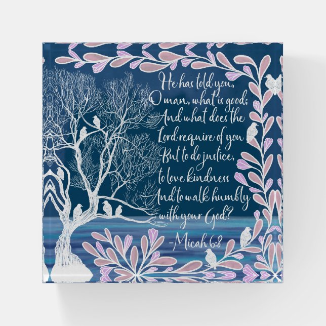 Micah 6:8 Teal Blue White Tree Birds Bible Verse Paperweight (Front)