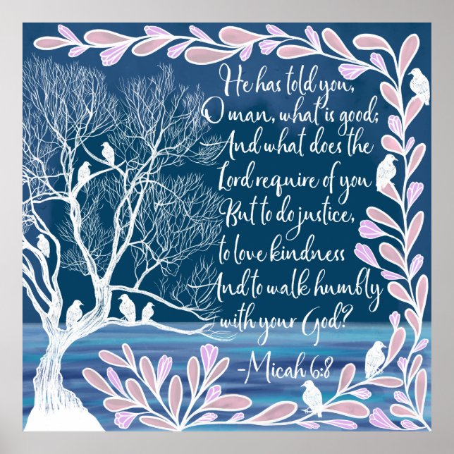 Micah 6:8 Teal Blue White Tree Birds Bible Verse Poster (Front)