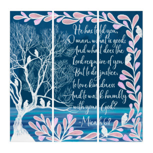 Micah 6:8 Teal Blue White Tree Birds Bible Verse Triptych